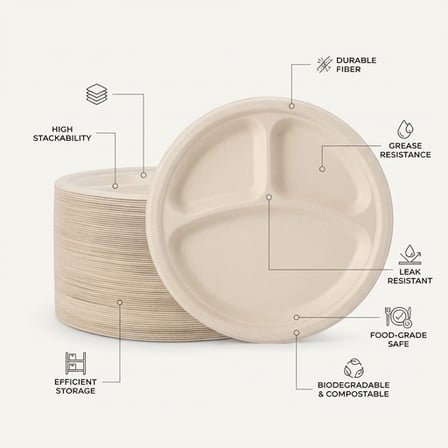10 inches Light Brown Sugarcane Bagasse Blend 3 Compartment Plates.png