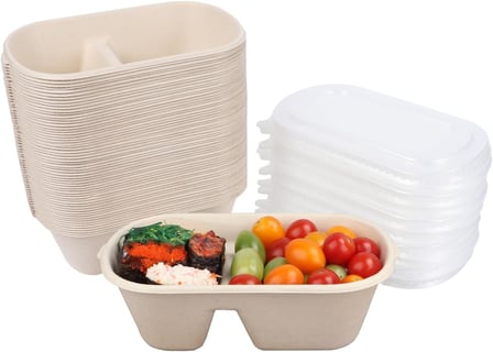 28 oz Sugarcane Bagasse Light Brown 2-Compartment Container with Plastic Lid - 150/Case