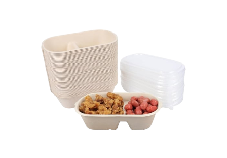 32 oz Sugarcane Bagasse Light Brown 2-Compartment Container with Plastic Lid.png