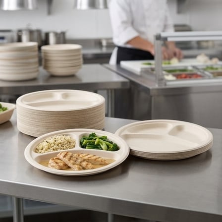 9" Light Brown Sugarcane Bagasse Round Plates with 3-Compartment - (500/Case) product image
