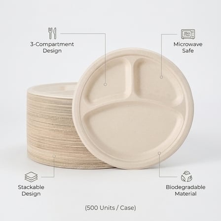 9" Light Brown Sugarcane Bagasse Round Plates with 3-Compartment - (500/Case) product image