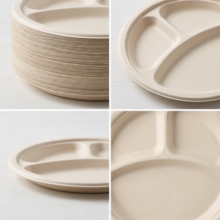 9" Light Brown Sugarcane Bagasse Round Plates with 3-Compartment - (500/Case) product image