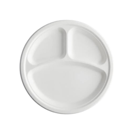 10 White Sugarcane Bagasse Round Plate with 3-Compartment