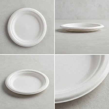 6 White Sugarcane Bagasse Round Plates with Multiple Looks.png