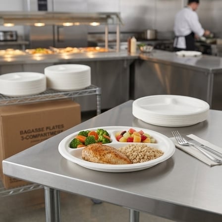 9" White Sugarcane Bagasse Round Plates with 3-Compartment - (500/Case) product image