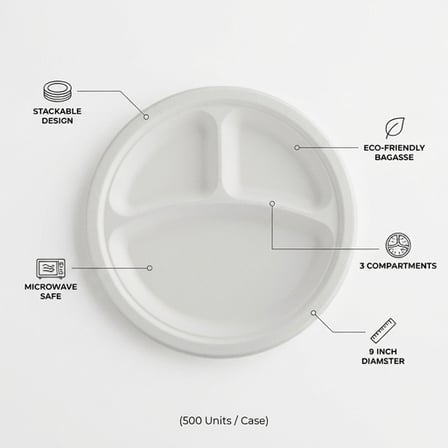 9" White Sugarcane Bagasse Round Plates with 3-Compartment - (500/Case) product image