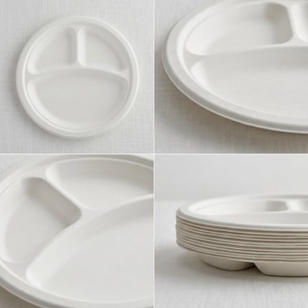 9" White Sugarcane Bagasse Round Plates with 3-Compartment - (500/Case) product image