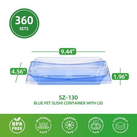 Blue Plastic PET Take Out Sushi Containers with Lids 9.44" x 4.56" x 1.96" - (360/Case)