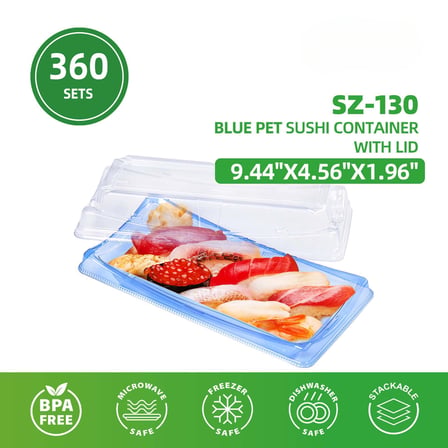 Blue Plastic PET Take Out Sushi Containers with Lids 9.44" x 4.56" x 1.96" - (360/Case)