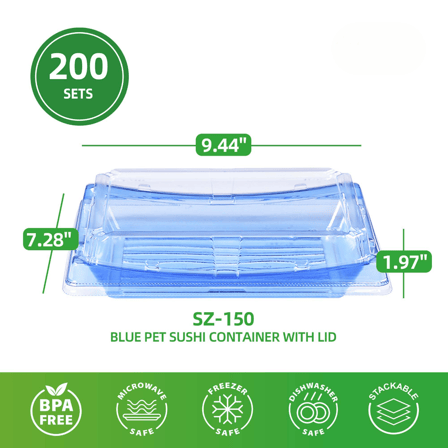 Blue Plastic PET Take Out Sushi Containers with Lids 9.44" x 7.28" x 1.97" - (200/Case)