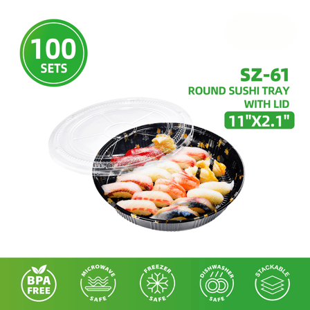 11" x 2.1" Round Sushi Tray with Clear Lids - (100/Case)