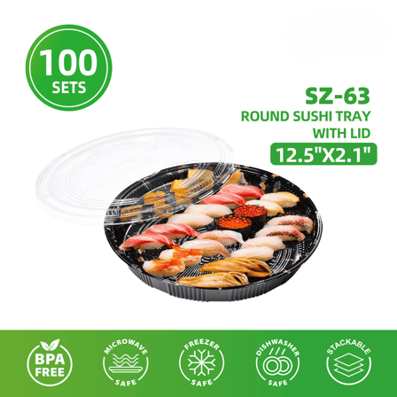 12.5" x 2.1" Round Sushi Tray with Clear Lids - (100/Case)
