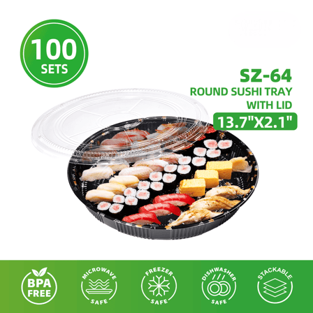 13.7" x 2.1" Round Sushi Tray with Clear Lids - (100/Case)