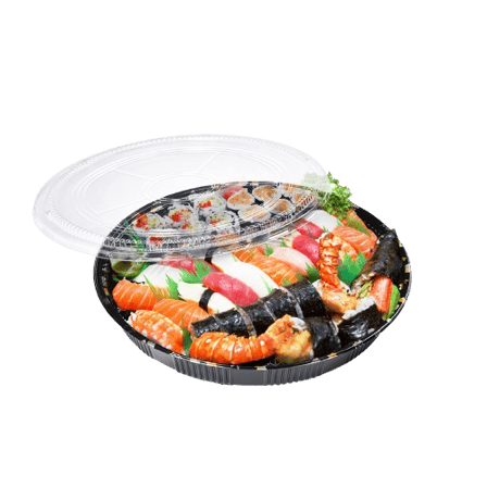 15" x 2.1" Round Sushi Tray with Clear Lids - (100/Case)