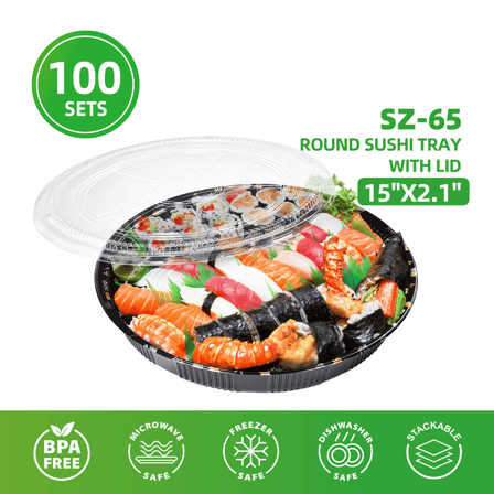 15" x 2.1" Round Sushi Tray with Clear Lids - (100/Case)