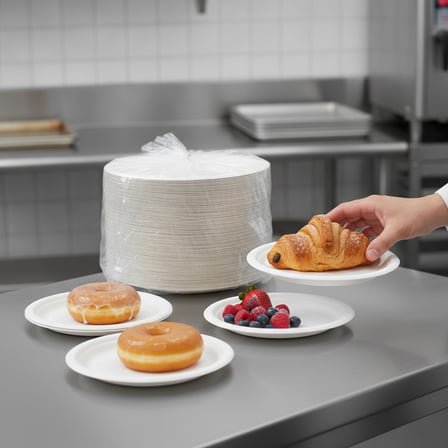 Vintage 8 Inches White Coated Paper Plates with food.png