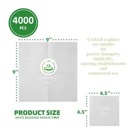 White 1-Ply Beverage Napkins 9.05" × 9.05" - (4000/Case)