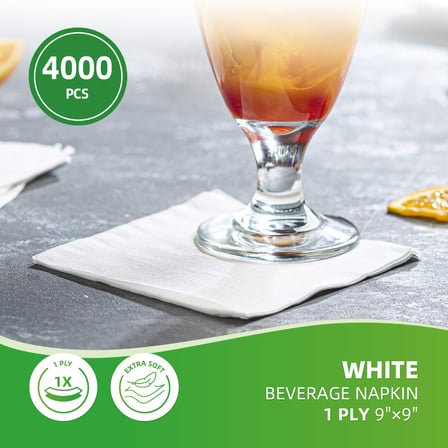 White 1-Ply Beverage Napkins 9.05" × 9.05" - (4000/Case)