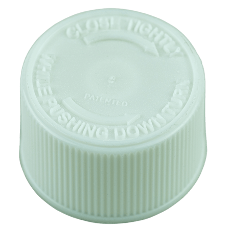 White CRC (Child Resistant Closure) Cap 20-400 PUSH & TURN TEXT .035†Pulp HS-035 (4500/case)