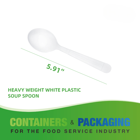 6" White Heavy Weight Plastic Soup Spoons - (1000/Case)