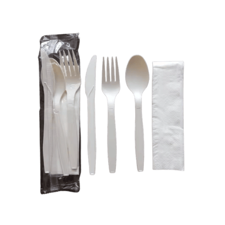 6 1/2" White Compostable Wrapped Heavy Weight CPLA Knife, Fork, Spoon & Napkin