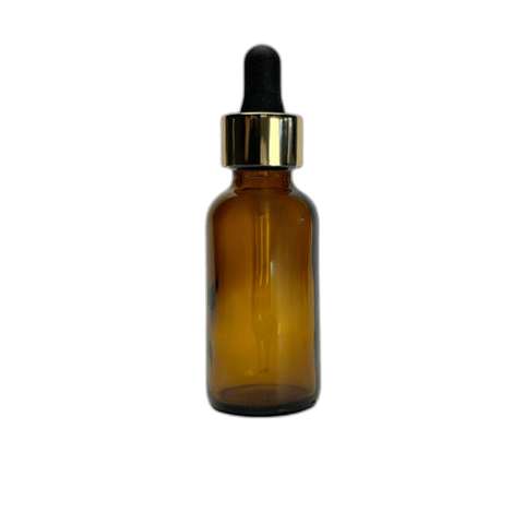 1 oz. (30 ml) Amber Boston Round Glass Bottle with Black Bulb & Gold Dropper - (81/Case)