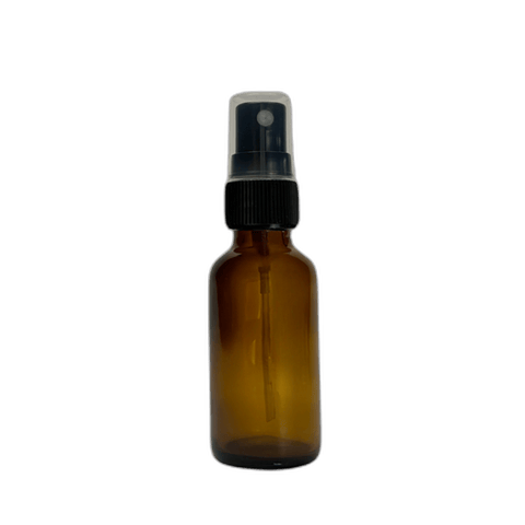 1 oz. (30 ml) Amber Boston Round Glass Bottle with Black Fine Mist Sprayer and Clear Overcap - (81/Case)