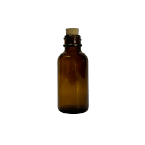 1 oz. (30 ml) Amber Boston Round Glass Bottle with Cork Stopper - (81/Case)