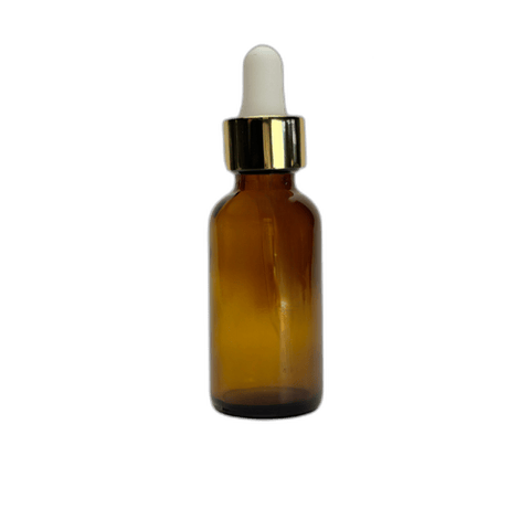 1 oz. (30 ml) Amber Boston Round Glass Bottle with White Bulb & Gold Dropper - (81/Case)
