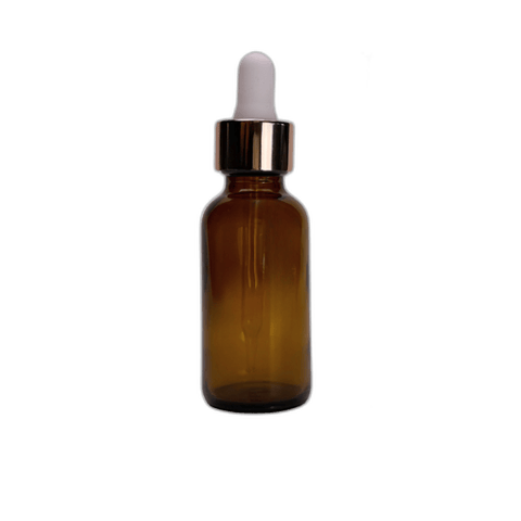 1 oz. (30 ml) Amber Boston Round Glass Bottle with White Bulb & Rose Gold Dropper - (81/Case)