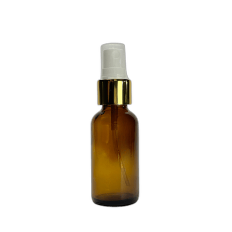 1 oz. (30 ml) Amber Boston Round Glass Bottle with White Fine Mist Sprayer, Gold Collar and Clear Overcap - (81/Case)