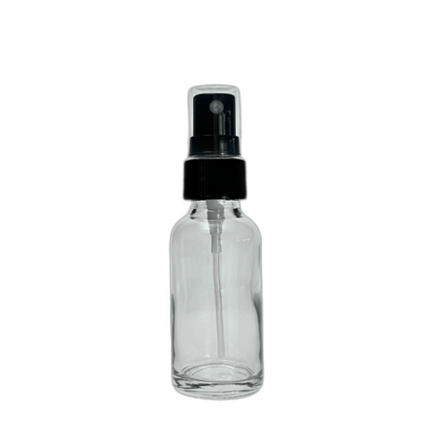 1 oz. (30 ml) Clear Boston Round Glass Bottle with Black Fine Mist Sprayer and Clear Overcap - (81/Case)