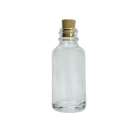 1 oz. (30 ml) Clear Boston Round Glass Bottle with Cork Stopper - (81/Case)