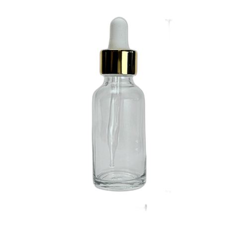 1 oz. (30 ml) Clear Boston Round Glass Bottle with White Bulb & Gold Dropper - (81/Case)