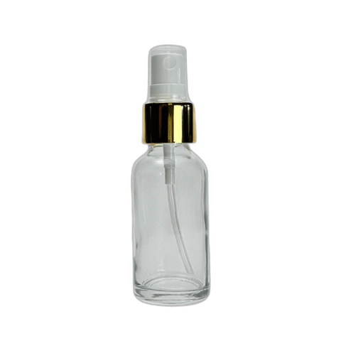 1 oz. (30 ml) Clear Boston Round Glass Bottle with White Fine Mist Sprayer, Gold Collar and Clear Overcap - (81/Case)