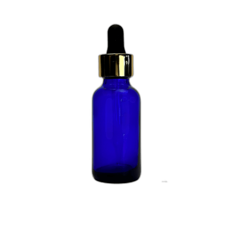 1 oz. (30 ml) Cobalt Blue Boston Round Glass Bottle with Black Bulb & Gold Dropper - (81/Case)