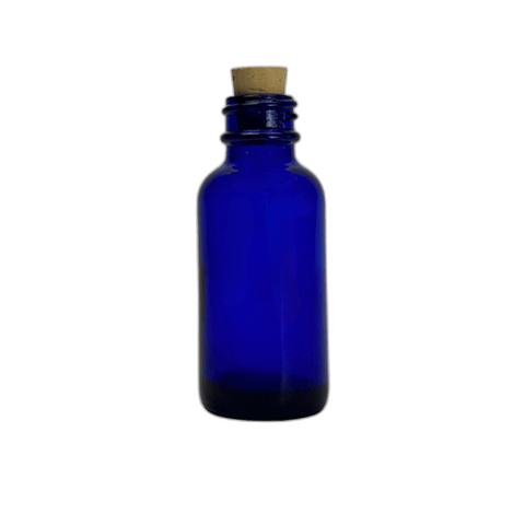 1 oz. (30 ml) Cobalt Blue Boston Round Glass Bottle with Cork Stopper - (81/Case)