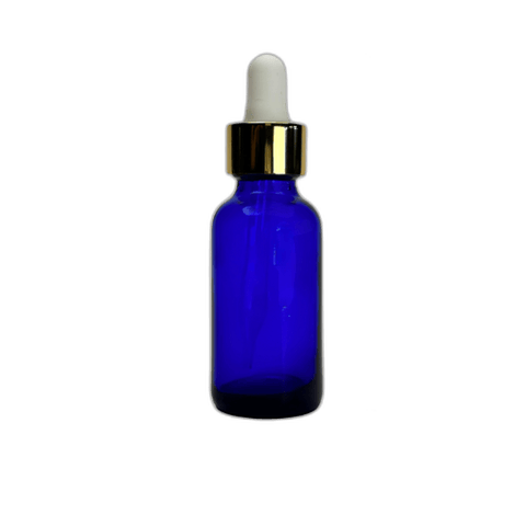 1 oz. (30 ml) Cobalt Blue Boston Round Glass Bottle with White Bulb & Gold Dropper - (81/Case)