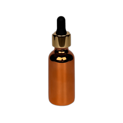 1 oz. (30 ml) Copper Boston Round Glass Bottle with Black Bulb & Gold Dropper - (81/Case)