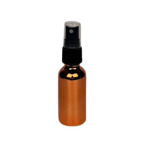 1 oz. (30 ml) Copper Boston Round Glass Bottle with Black Fine Mist Sprayer and Clear Overcap - (81/Case)