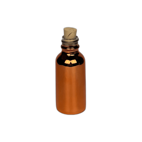 1 oz. (30 ml) Copper Boston Round Glass Bottle with Cork Stopper - (81/Case)