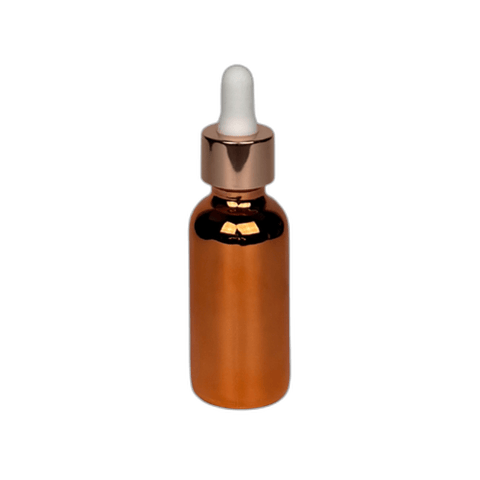 1 oz. (30 ml) Copper Boston Round Glass Bottle with White Bulb & Rose Gold Dropper - (81/Case)