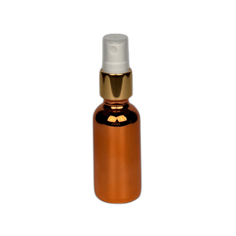1 oz. (30 ml) Copper Boston Round Glass Bottle with White Fine Mist Sprayer, Gold Collar and Clear Overcap - (81/Case)