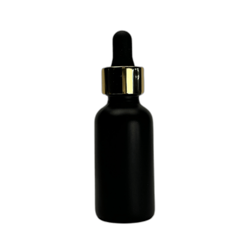1 oz. (30 ml) Matte Black Boston Round Glass Bottle with Black Bulb & Gold Dropper - (81/Case)