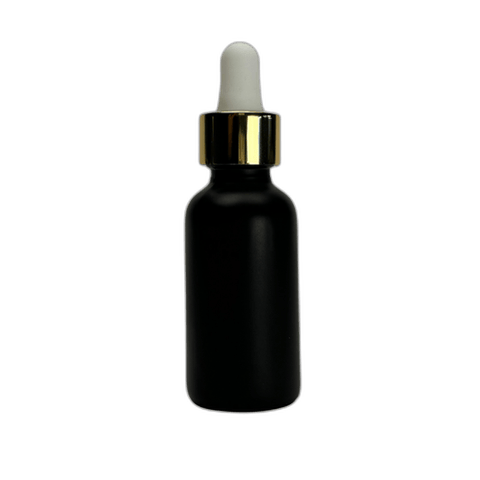 1 oz. (30 ml) Matte Black Boston Round Glass Bottle with White Bulb & Gold Dropper - (81/Case)