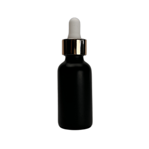 1 oz. (30 ml) Matte Black Boston Round Glass Bottle with White Bulb & Rose Gold Dropper - (81/Case)