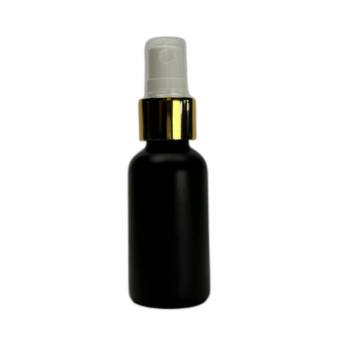 1 oz. (30 ml) Matte Black Boston Round Glass Bottle with White Fine Mist Sprayer, Gold Collar and Clear Overcap - (81/Case)