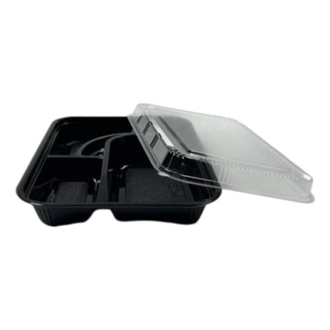 10 9/16" x 10 9/16" x 1 5/16" Black PS Plastic Bento Box with Clear Lid, 5-Compartment, Large - (100/Case)