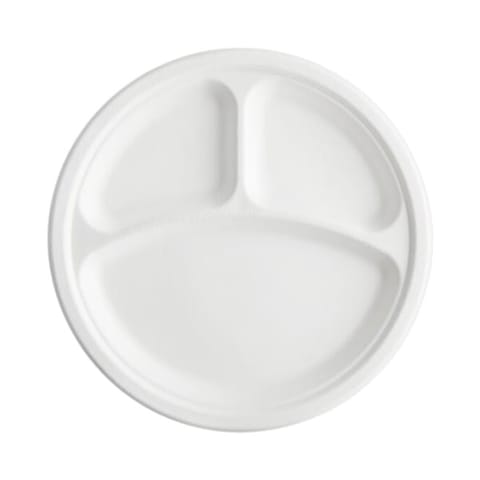 10" Heavy Duty Compostable Bagasse Round Plate, 3 Compartment, White - (500/Case)