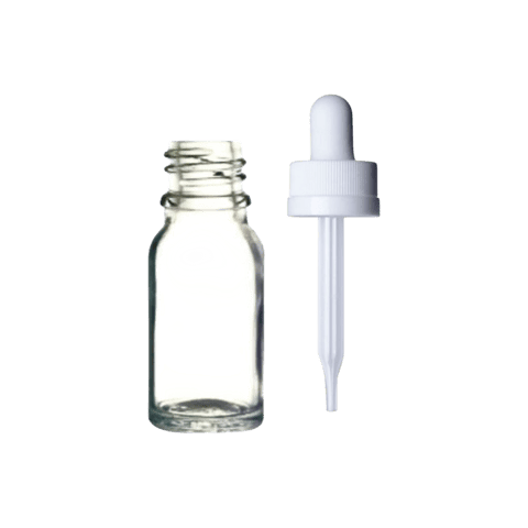 10 ml Clear (Flint) Euro Round Glass Bottle with 18-400 White CRC Dropper - Straight Tip Glass Pipette - (768/Case)